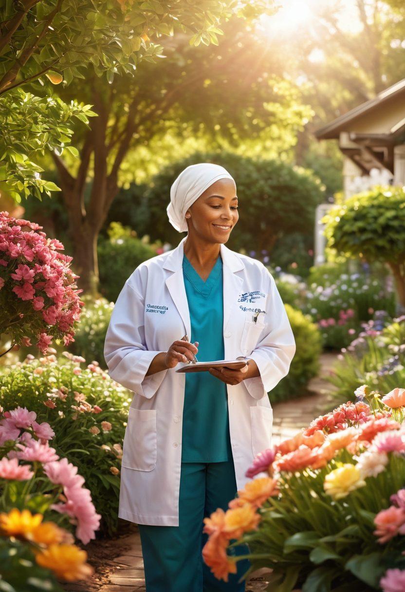A compassionate healthcare worker guiding a diverse group of cancer patients through a serene garden setting, symbolizing hope and recovery. Include visual elements like blooming flowers representing new beginnings, supportive communication, and informative materials in their hands. Soft sunlight filtering through leaves to create an uplifting atmosphere. super-realistic. vibrant colors. warm tones.
