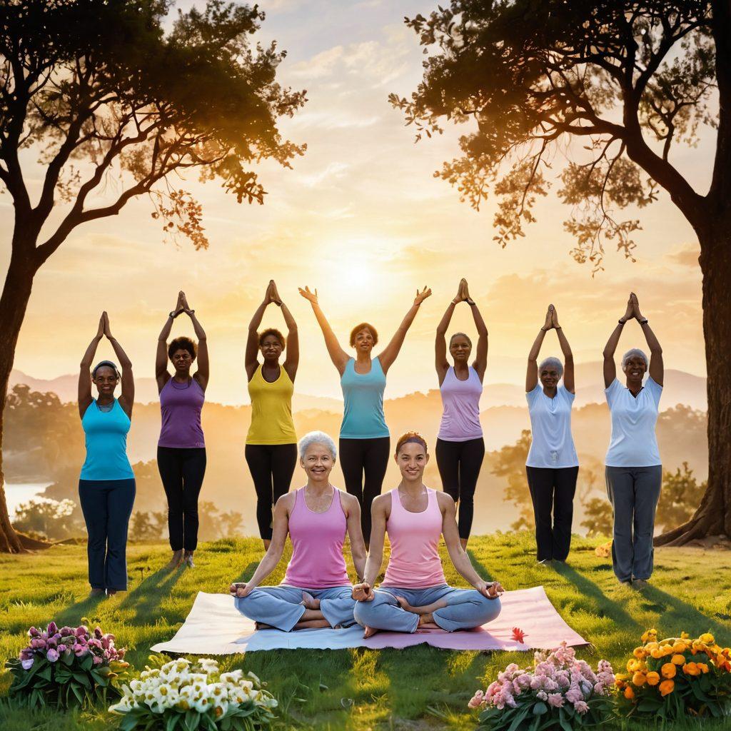 A serene landscape showing a diverse group of cancer survivors in a supportive circle, each holding symbols of hope such as flowers, ribbons, and wellness items. The background features a sunrise, symbolizing new beginnings, with trees illustrating growth and healing. Incorporate visual elements that represent the latest treatments, like medical symbols, and wellness insights, such as yoga and nutrition. The atmosphere should feel uplifting and empowering. super-realistic. vibrant colors. soft focus.